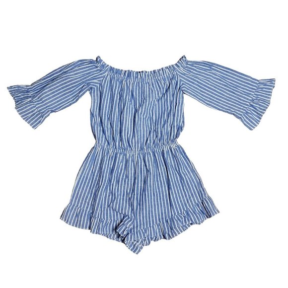 SHEIN Pants - SHEIN Blue White Striped Bell Short Sleeve Romper Womens Size S Small